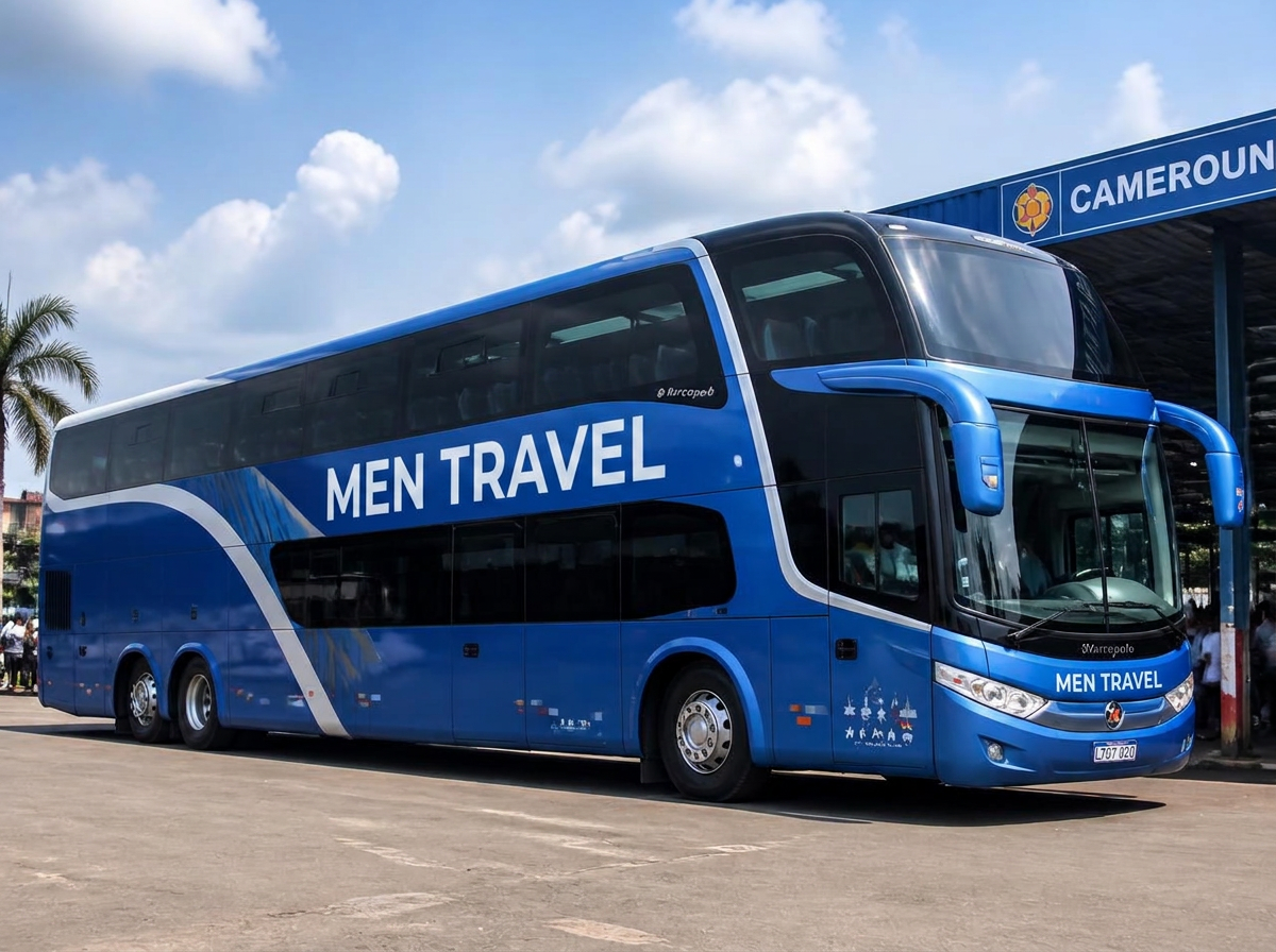 Bus double-étage de la flotte MEN TRAVEL stationné à la gare